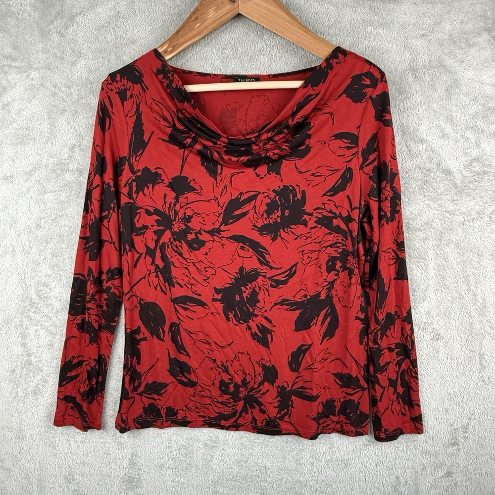 Talbots Blouse Women PL Petite Red Dark Floral Cowl Neck Y2K Whimsigoth Romantic